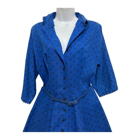 Vintage Lanz Blue Ditsy Floral Button-Down Dress S Scalloped Mary Poppins Style - Picture 5 of 16